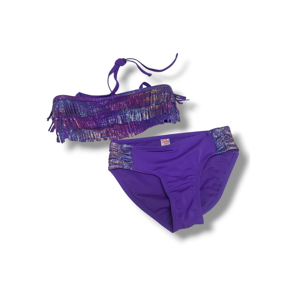 Justice Girls Purple Fringe Holographic Two Piece Bikini Swimsuit Set Size 7